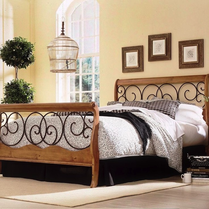 Bed Frame Walnut Brown Wood and Metal Scrollwork Sleigh Footboard