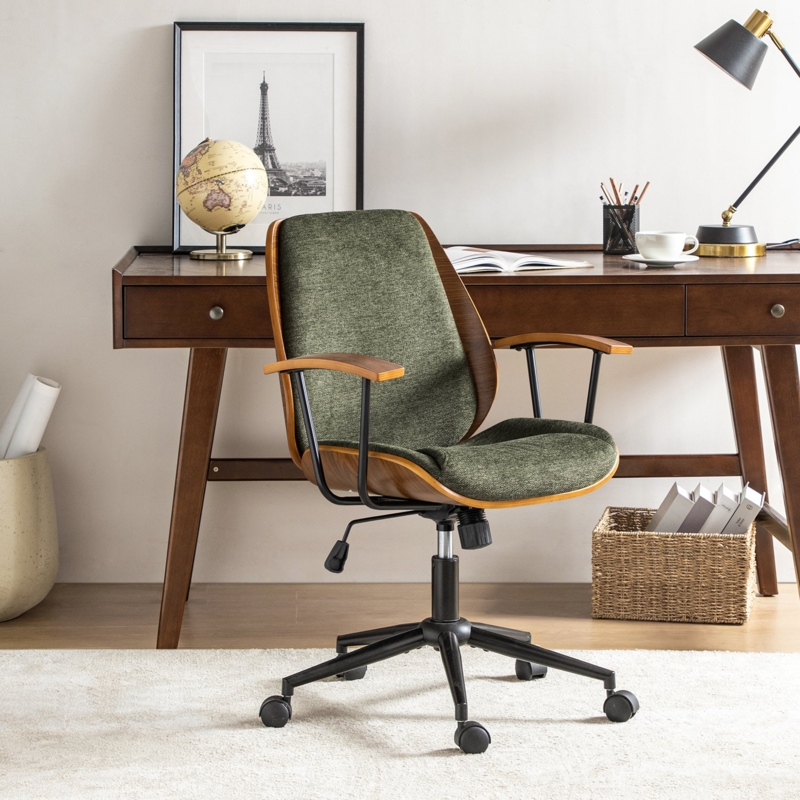 Bentwood Office Chair Olive Green Fabric Wooden Armrest Toppers