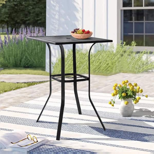 Bistro Table Wrought Iron Slatted Top Square Bar Height Matte Black