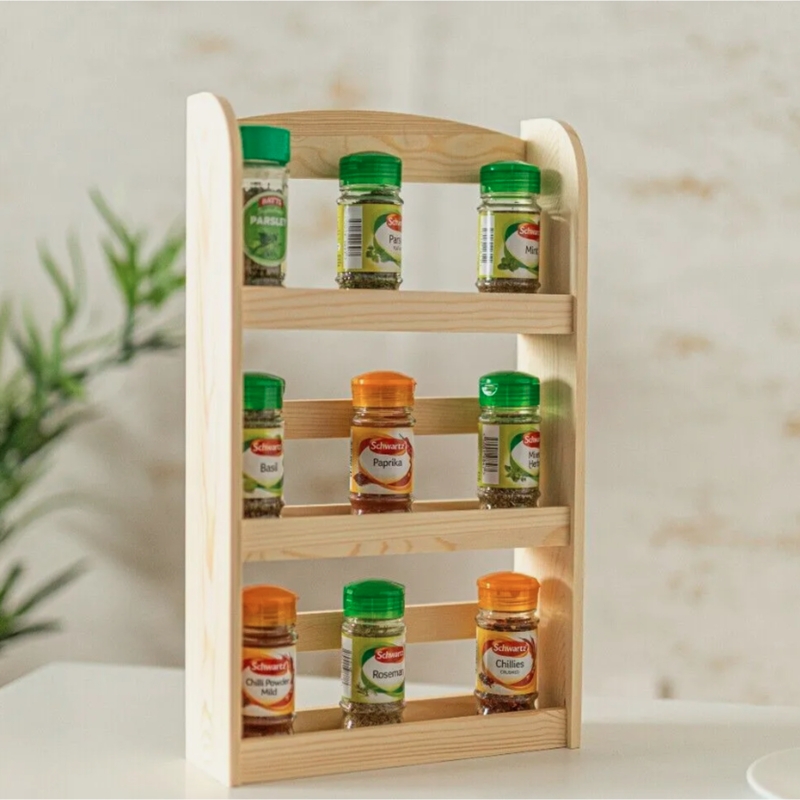 Blonde Wood Kitchen Shelf Three Tier Rack with Curved Top Rail