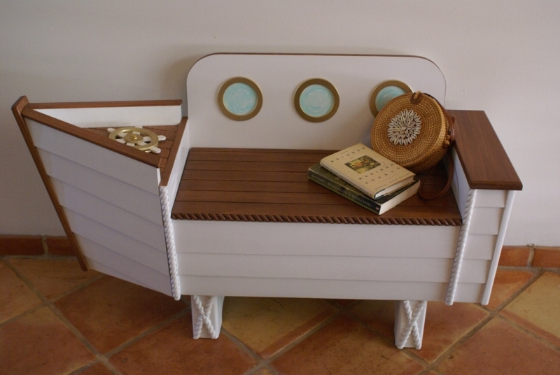 Boat Shaped Storage Bench Nautical Nursery Toy Chest Ship Wheel