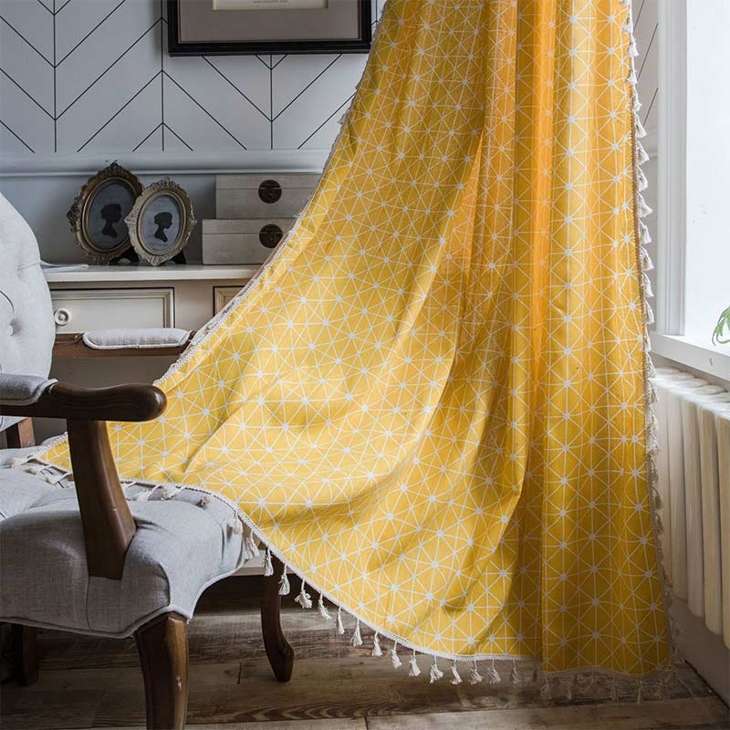 Bohemian Mustard Yellow Geometric Plaid Curtains with Tassel Trim Border