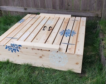 Bohemian Wood Sandbox with Blue Stenciled Mandala Patterns and Lid