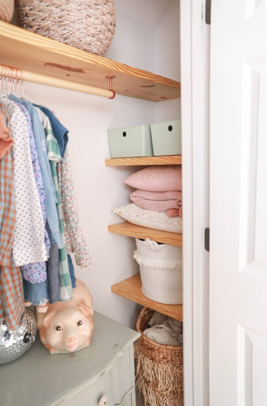 Boho Nursery Closet System with Copper Rod Hardware and Floating Shelves