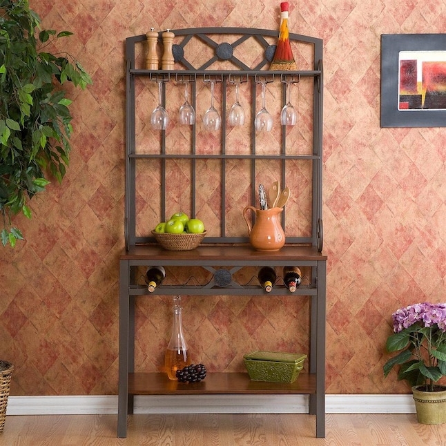 Boston Loft Furnishings Traditional Coffee Brown Metal Bakers Rack with  Wine Storage at