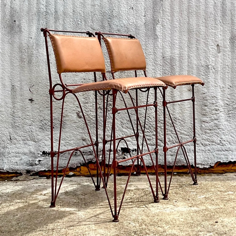 Brutalist Iron Bar Stools with Whipstitched Edges and Camel Tan