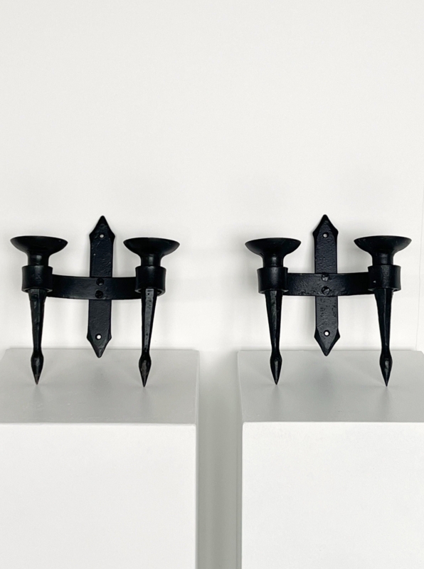 Brutalist Wall Sconce Pair Pointed Finials Matte Black Iron Style
