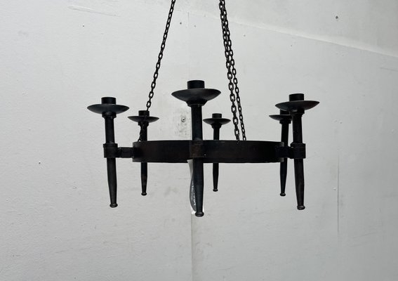 Candle Chandelier Brutalist Hoop Design Hammered Wrought Iron