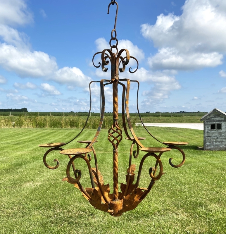 Candle Chandelier Rusted Iron Twisted Metalwork Leaf Accents