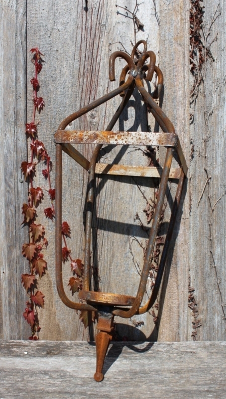 Candle Holder Rusted Wrought Iron Cage Frame with Scroll Top Finial