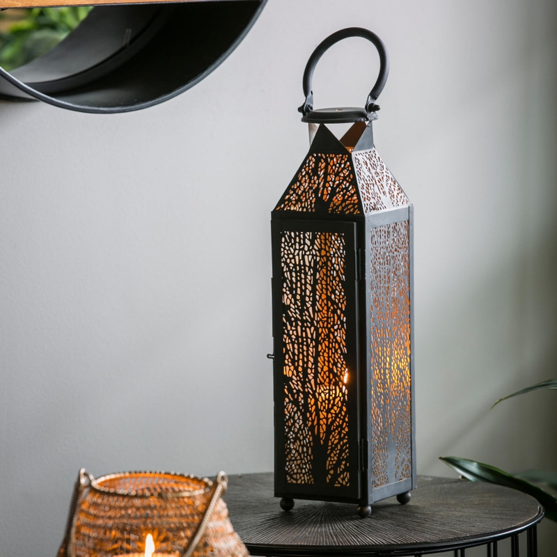 Candle Lantern Etched Metal Tree Pattern Cutouts Matte Black