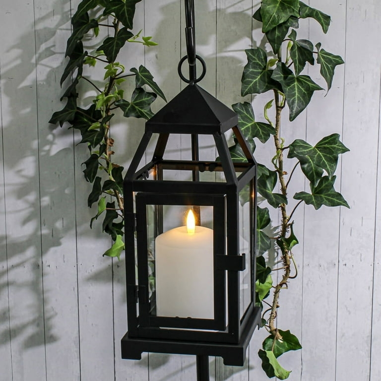 Candle Lantern Matte Black Pyramidal Roof with Hanging Hook