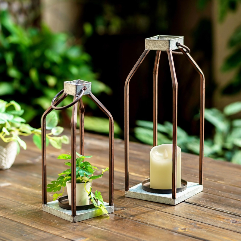 Candle Lantern Mixed Metal Copper Tone Frame Galvanized Base Set