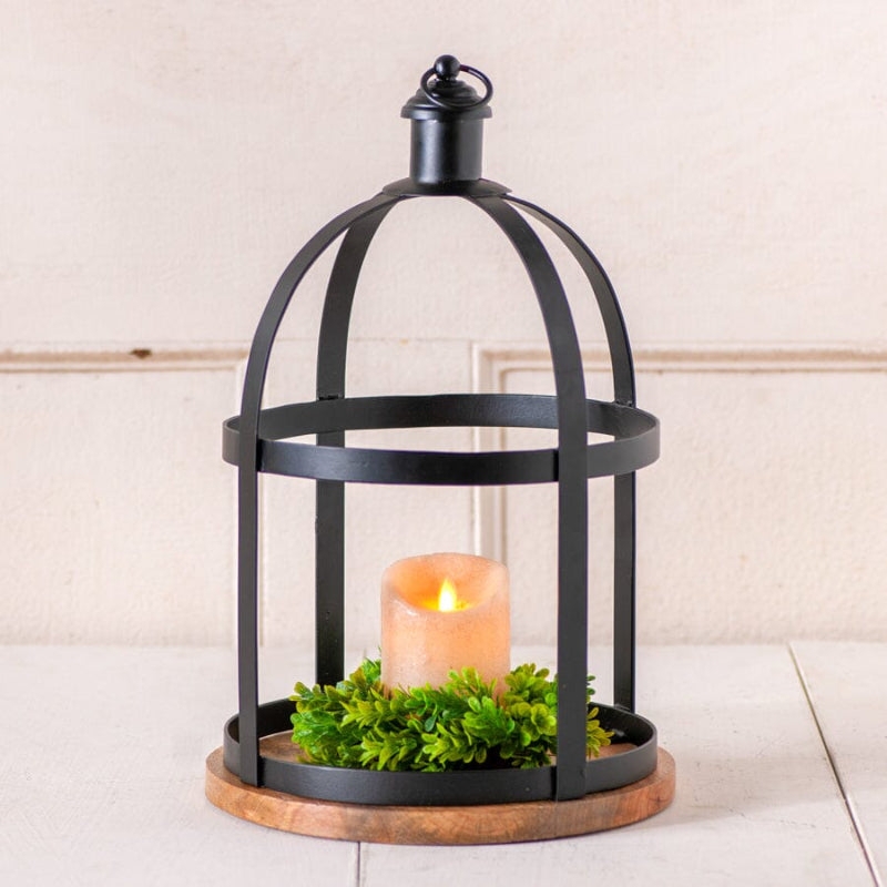 Candle Lantern Round Metal Cloche Silhouette Wood Base