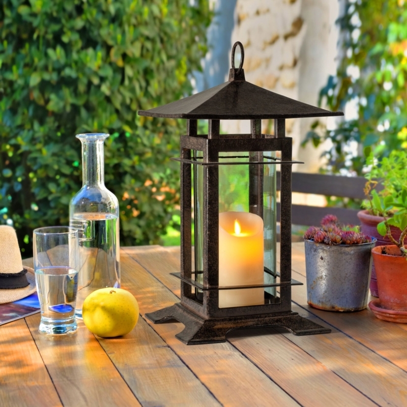 Candle Lantern Textured Metal Pagoda Roof Craftsman Style