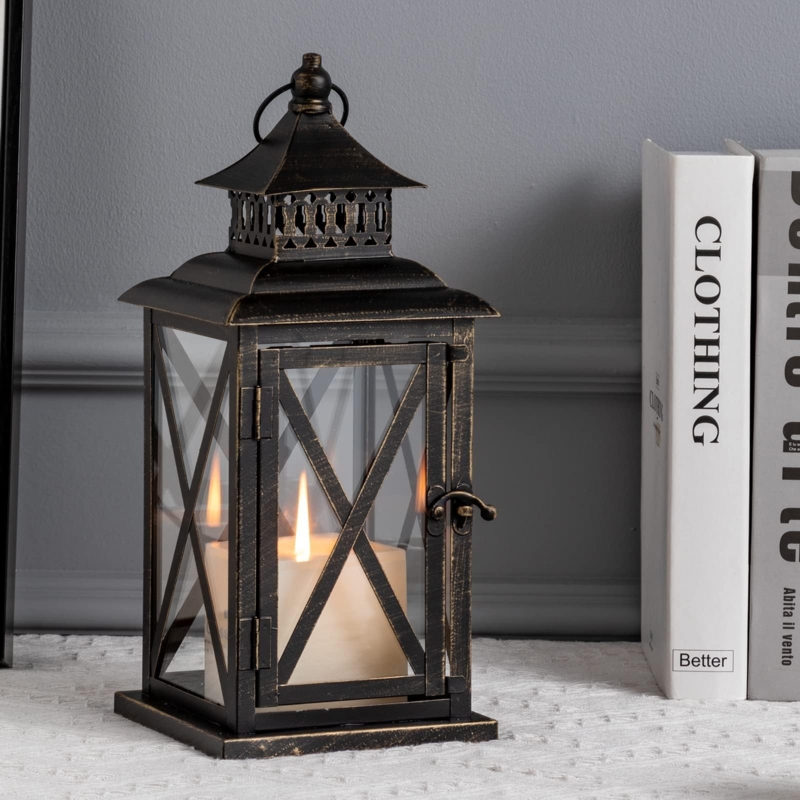 Candle Lantern Vintage X-Brace Distressed Gold Finish Metal