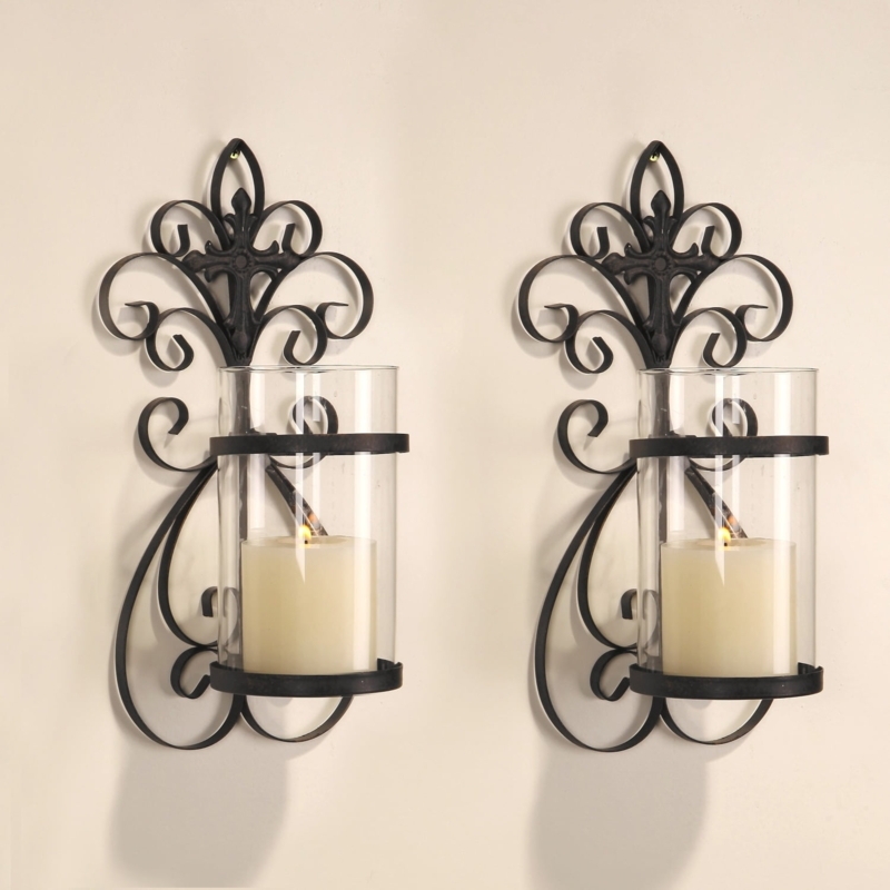 Candle Sconce Set Vertical Wall Hanging Iron Scrollwork Glass Cylinders