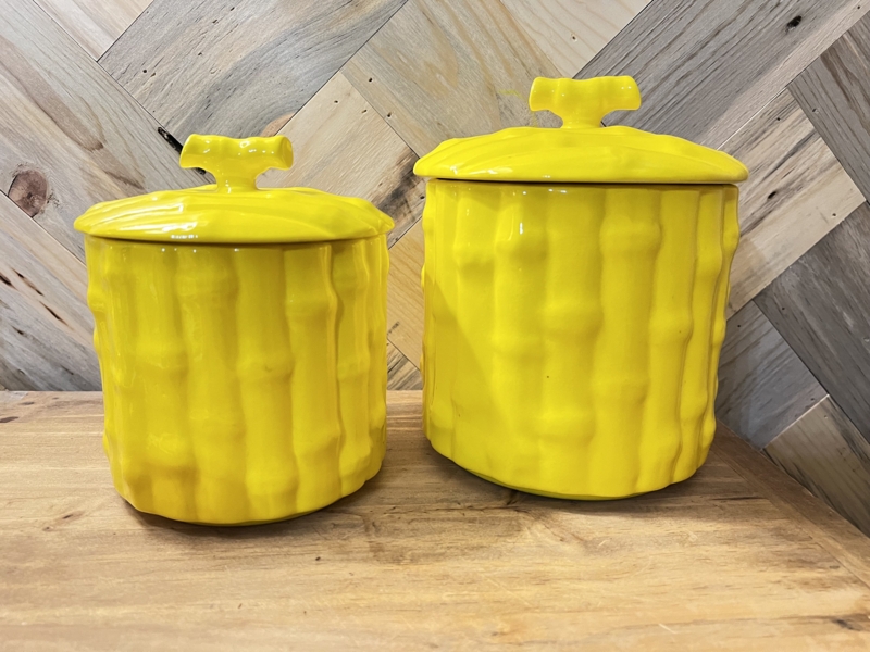 Canister Set Bamboo Texture Node Handles Lemon Yellow Glaze