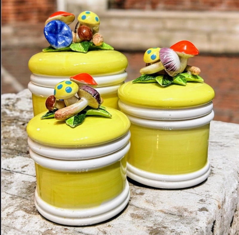 Canister Set Sculptural Mushroom Toppers Hand Painted Canary Yellow