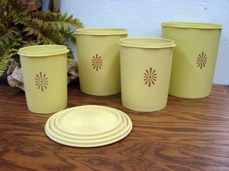 Canister Set Sunburst Motif Ribbed Lids Dusty Yellow Matte Plastic