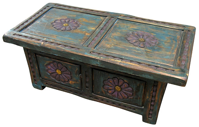 Carved Floral Coffee Table with Distressed Teal Finish
