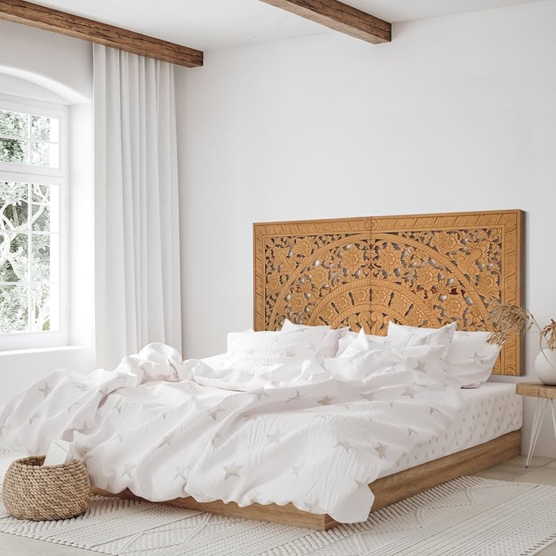 Carved Headboard: Floral Mandala Design, Honey Brown, Split Panel Boho
