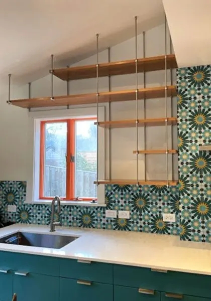 Ceiling Mounted Hanging Shelves with Rod Suspension System for Kitchens