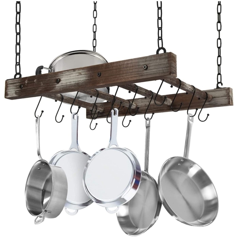 Ceiling Pot Rack: Distressed Wood Ladder Design with Chain Suspension.
