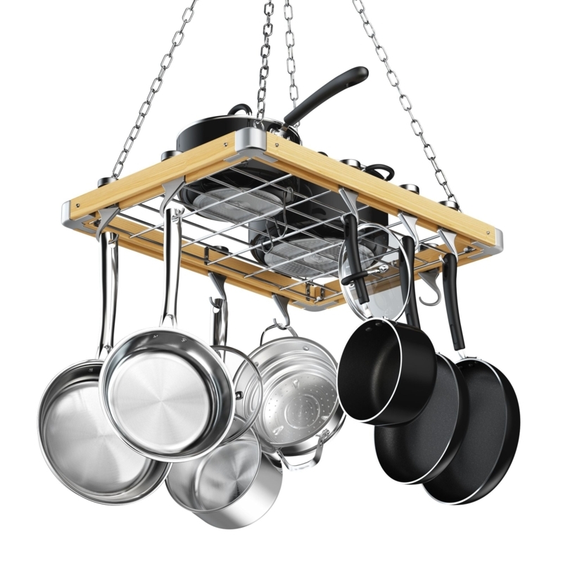 Ceiling Pot Rack: Light Wood Frame with Metal Grate and Swivel Hooks.