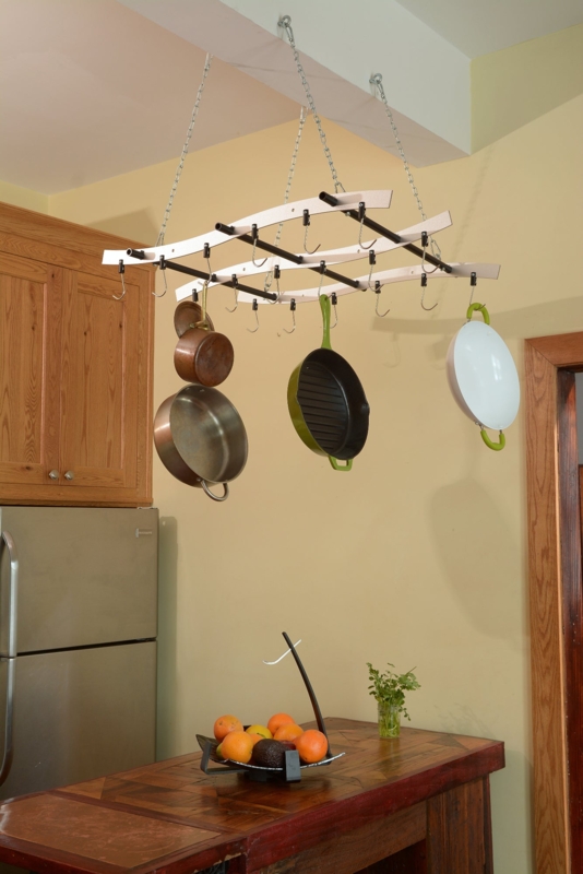 Ceiling Pot Rack: Modern Farmhouse Design with Curved Wood Slats & Grid.