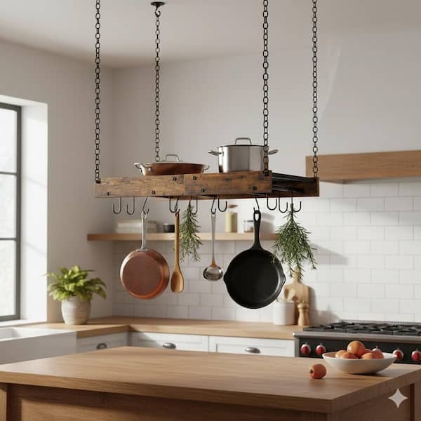 Ceiling Pot Rack: Rustic Brown Frame with Black Chain Suspension & Shelf.