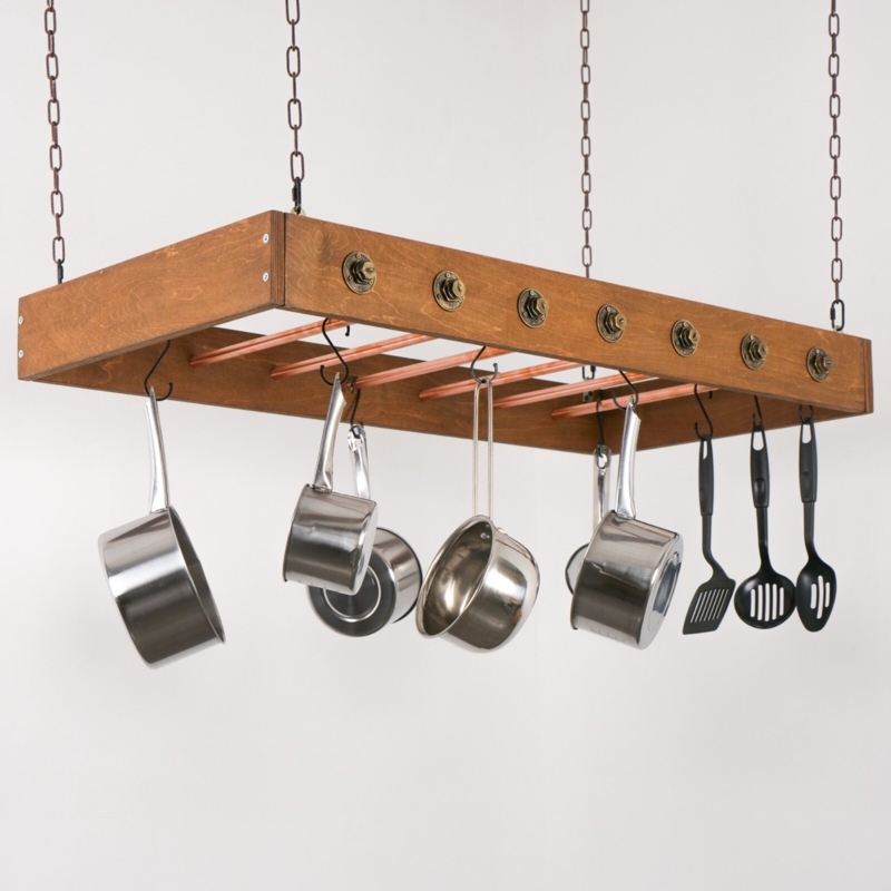 Ceiling Pot Rack: Wood Frame with Copper Interior Rails and Bolt Accents.