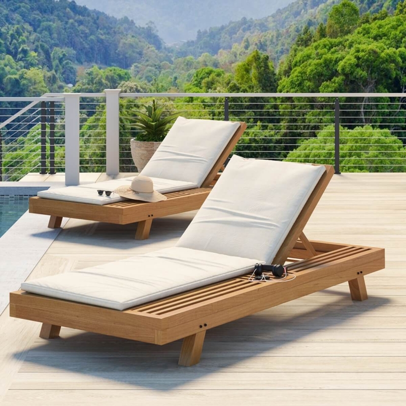 Chaise Lounge Honey Teak Slatted Base Tapered Legs Adjustable