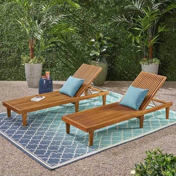 Chaise Lounge Teak Brown Slat Design Adjustable Backrest