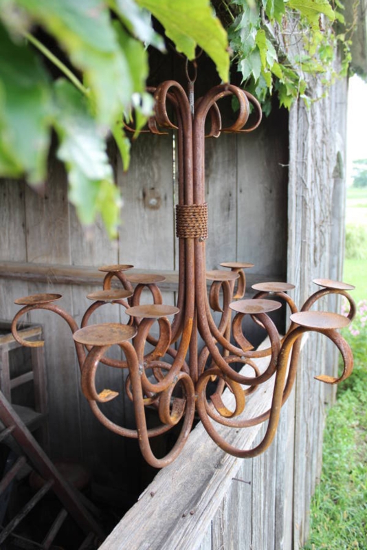 Chandelier Heavy Rust Patina Twelve Candle Plates Tiered Gothic