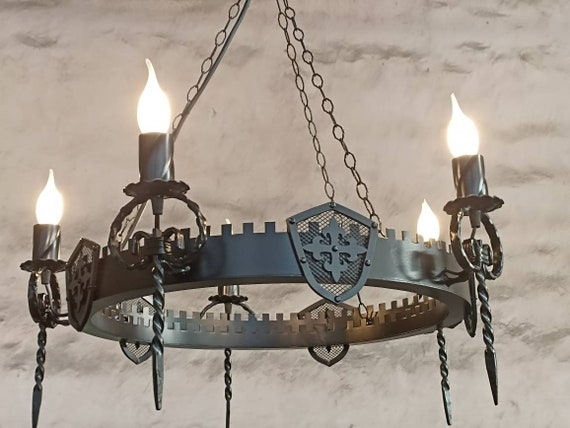 Chandelier Medieval Matte Black Shield Emblems Crenelated Rim