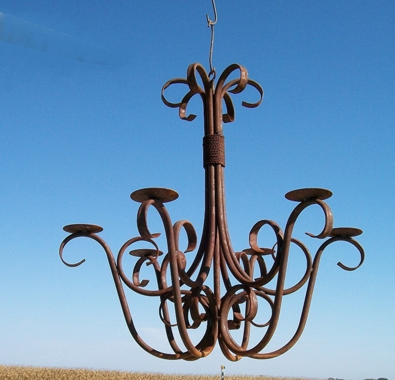 Chandelier Rusted Wrought Iron with Scrolled Arms and Candle Plates