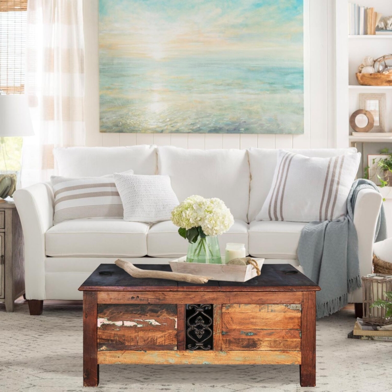 Coastal Rustic Coffee Table with Metal Filigree Insert