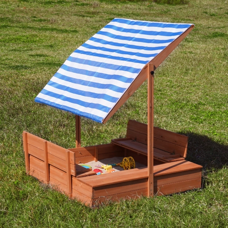 Coastal Style Sandbox with Blue and White Striped Adjustable Canopy