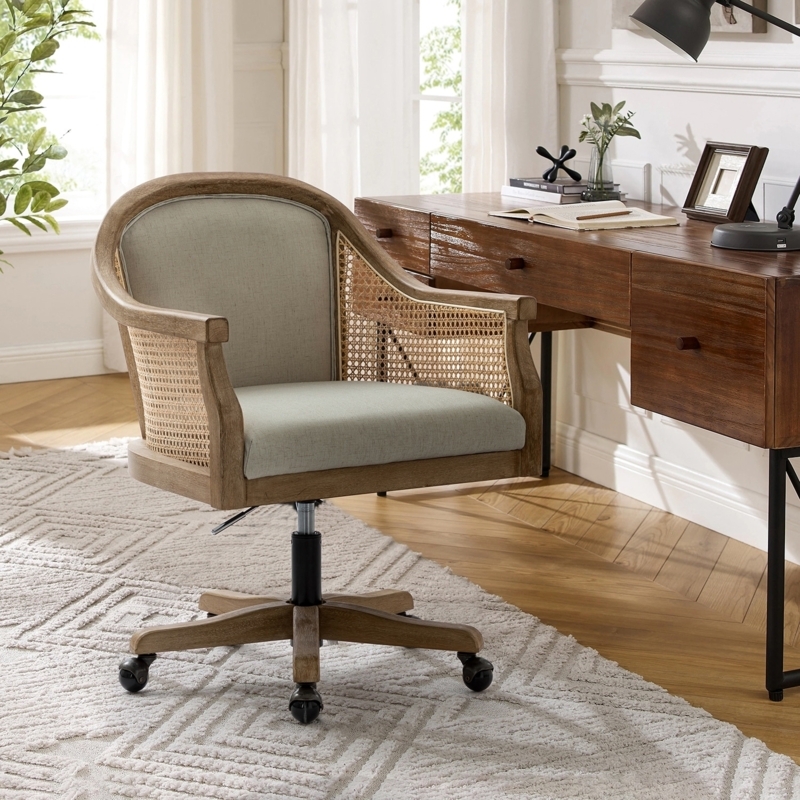 Coastal Swivel Desk Chair Cane Side Panels Curved Barrel Back