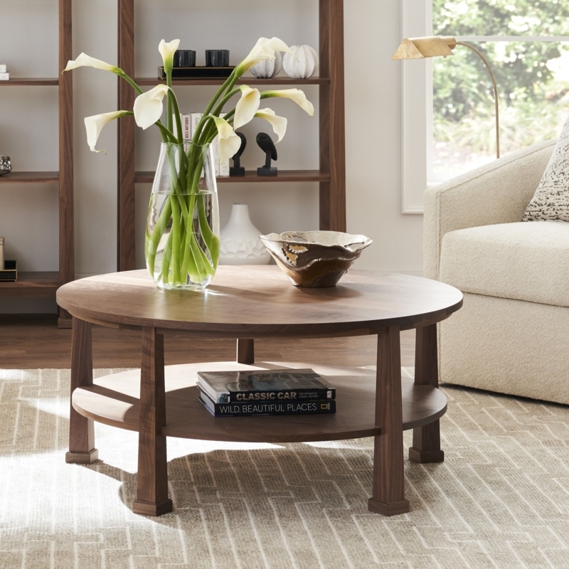 Cocktail Table Round Walnut Flared Legs Two Tier Storage Transitional