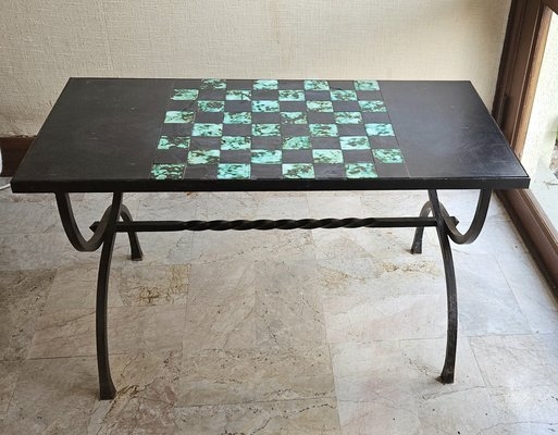Coffee Table Chessboard Inlay Ceramic Tile Twisted Stretcher Rustic
