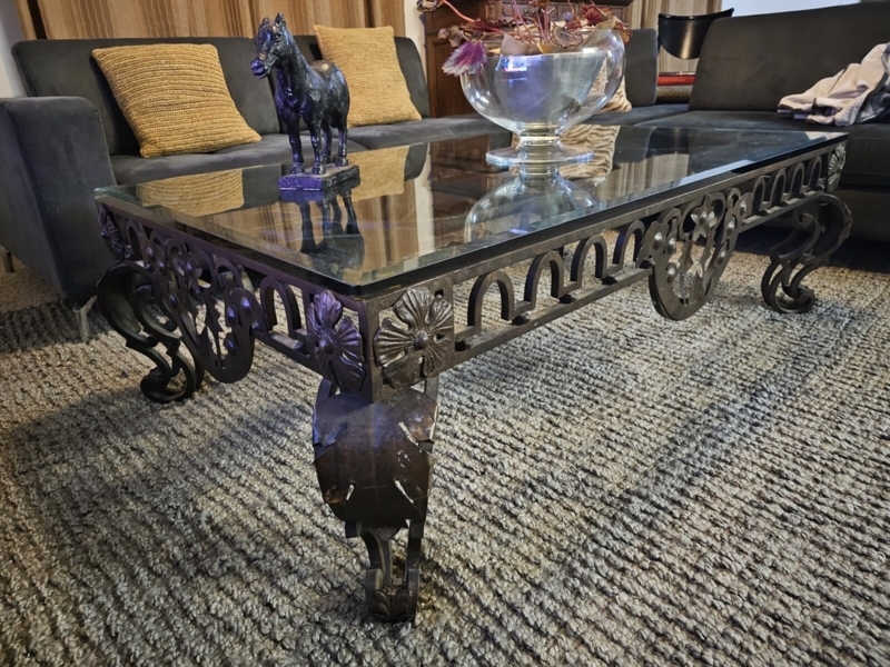 Coffee Table Floral Medallions Thick Glass Top Decorative Apron Iron