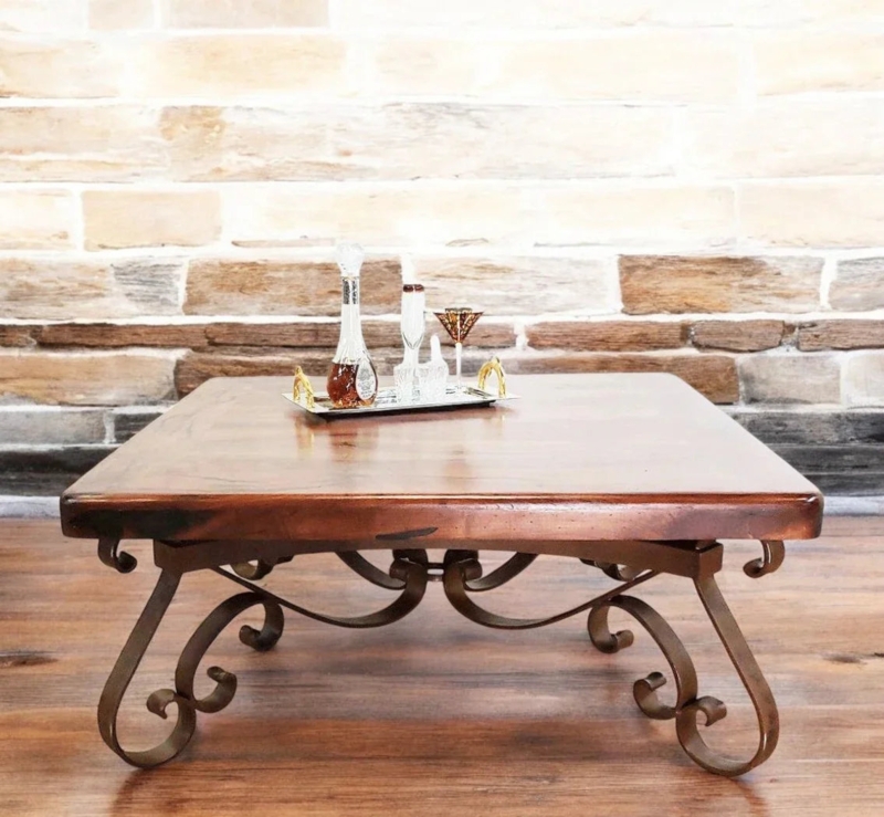 Coffee Table Mesquite Wood Top Thick Edge Scrollwork Base Rustic