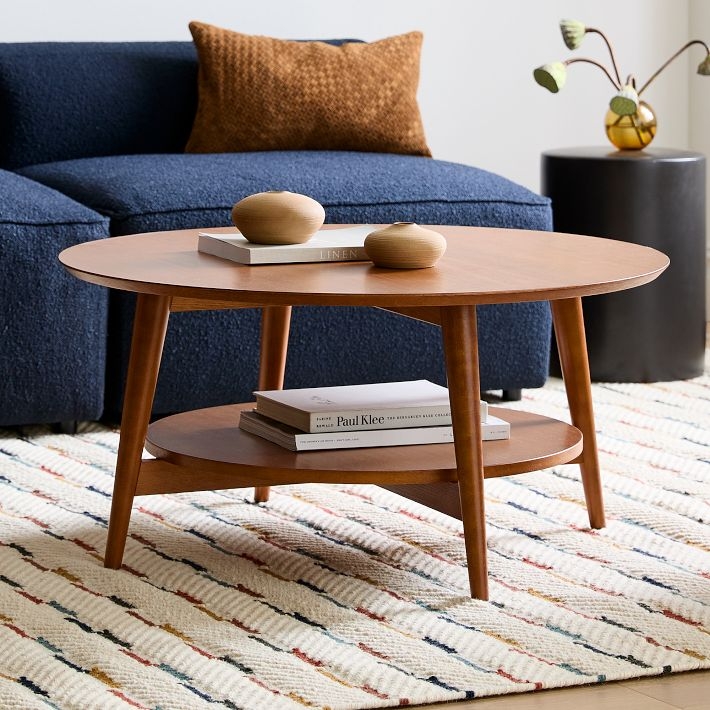 Coffee Table Mid Century Round Walnut Circular Lower Shelf Tapered