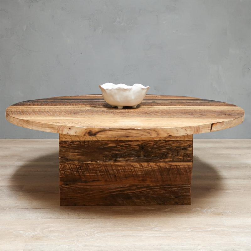 Coffee Table Reclaimed Round Square Pedestal Base Plank Top Rustic