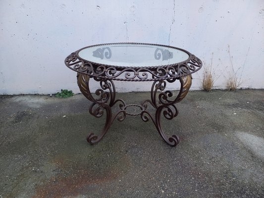 Coffee Table Rope Twist Edge Circular Glass Top 1950s Iron