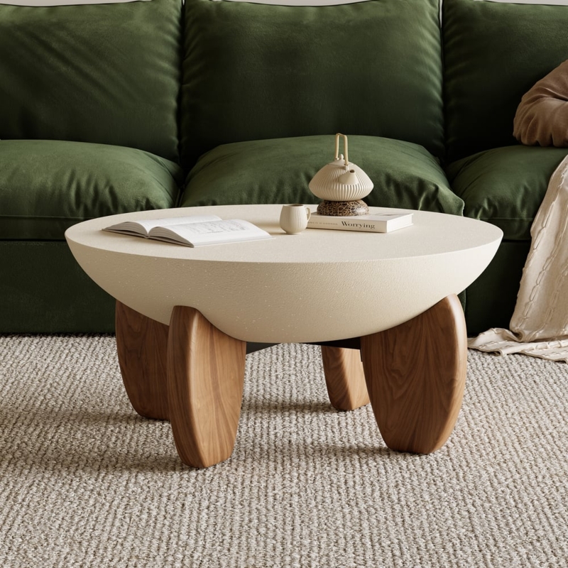 Coffee Table Round Concrete Like Texture Bowl Shape Base Japandi