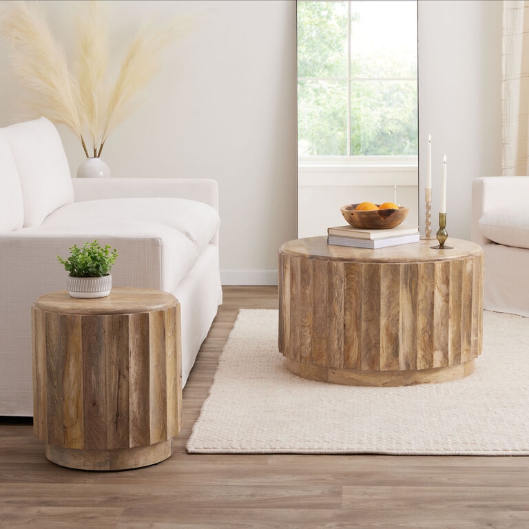Coffee Table Round Driftwood Finish Vertical Ridges Drum Organic