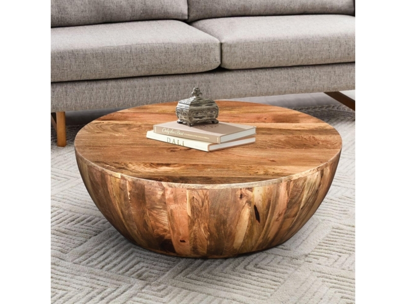 Coffee Table Round Drum Mango Wood Vertical Slats Distressed Brown